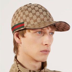 Gucci Tan Monogram Cap with Green and Red Stripe